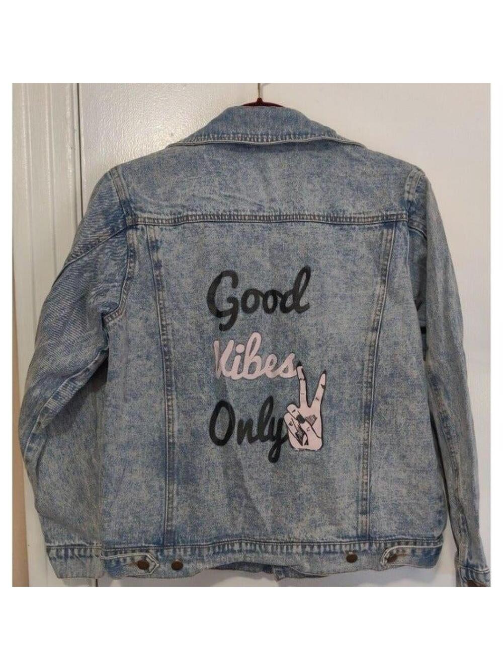Good Vibes Only Jean Embroidered Details Front Back Jacket - Picture 3 of 7